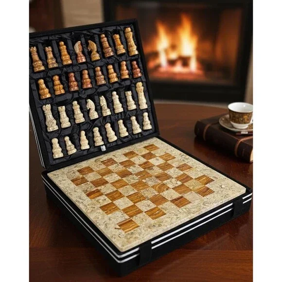 Handmade Marble Chess Set Brown chess Board & Pieces storage box Christmas gift - Picture 3 of 16